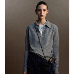 秋冬灰色打底V领小翻领羊毛毛衣女宽松高级感针织衫内搭长袖上衣