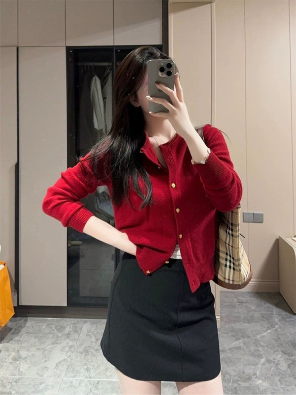 安拉红韩系法式复古羊绒加厚开衫毛衣外套女秋冬小个子针织上衣|undefined