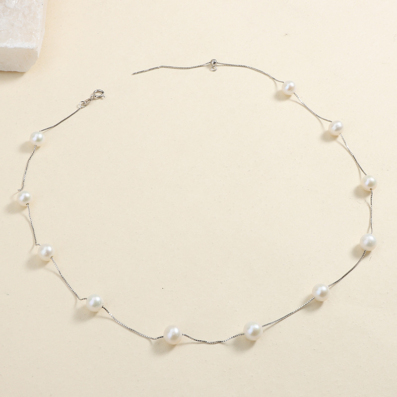 滿天星珍珠項鍊純銀通體s925天然淡水近圓鎖骨鏈抽拉可調節經典款