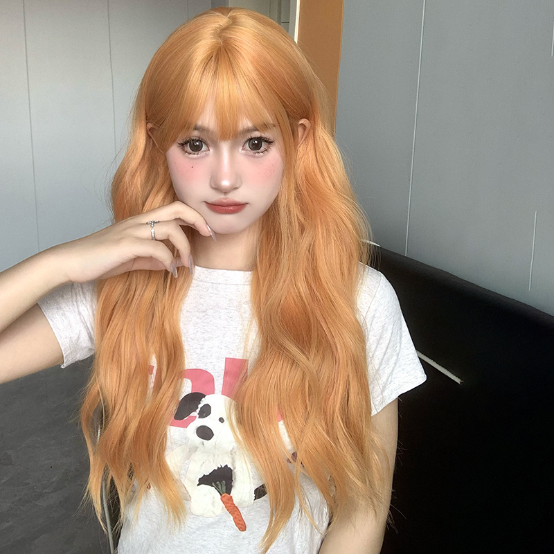 Zicen wig women's long hair natural sunset orange new summer water ripple daily long curly hair full head cover