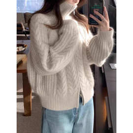 复古麻花双拉链100纯羊毛开衫女秋冬新款高领加厚毛衣宽松针织衫