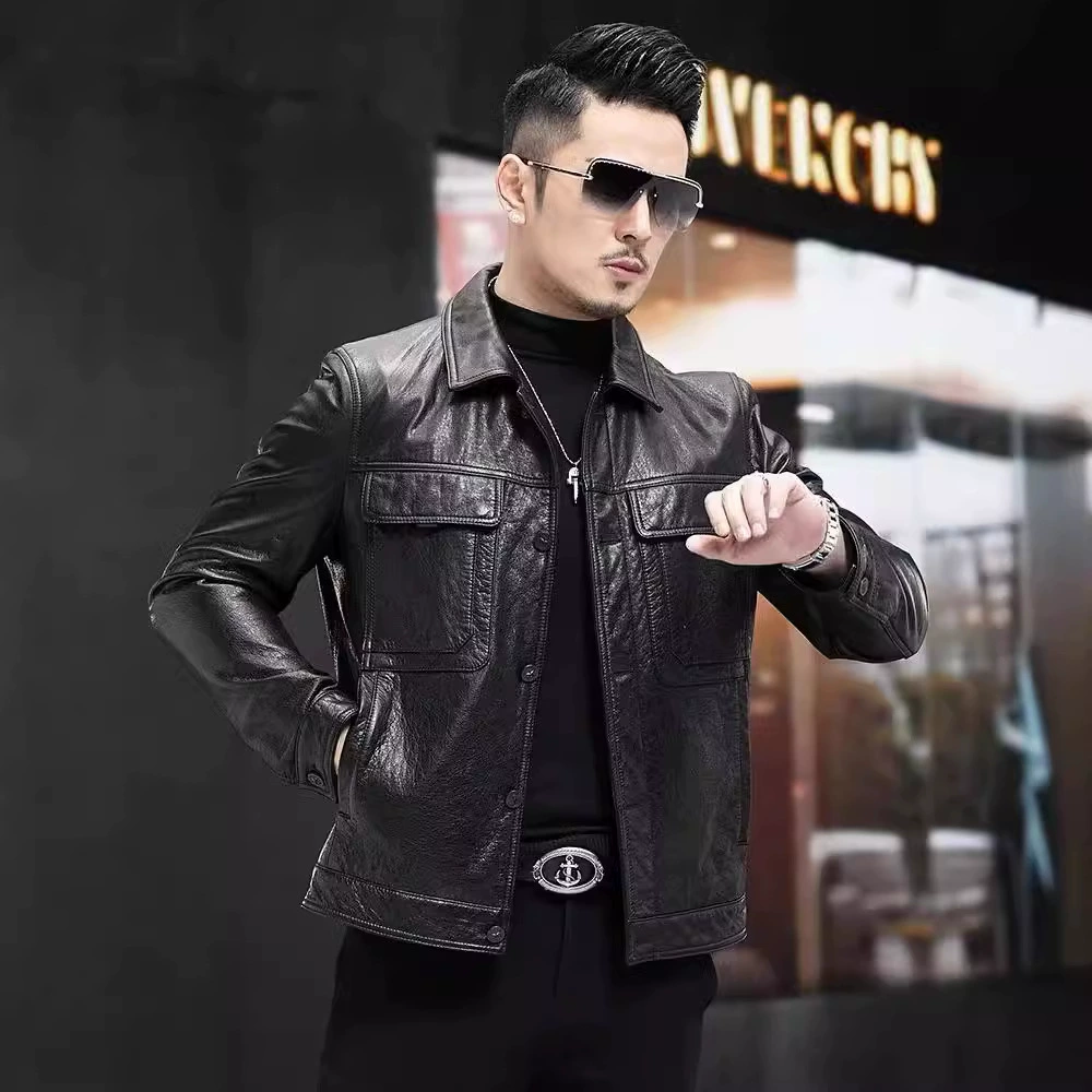 Кожаная модная короткая куртка, натуральная кожа, slim fit