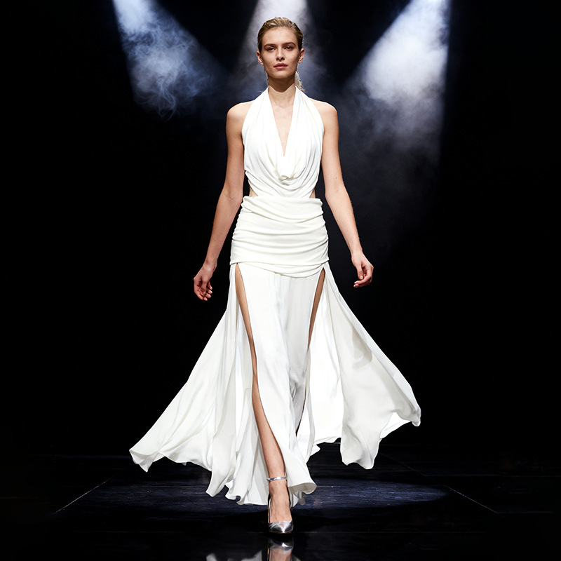 Simple Halter Neck Backless Slit Dress 2026 Summer New Women's Pleated Waist-Cinching Long Dress Ins Style Dress