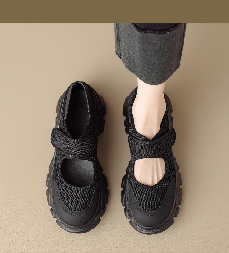 Giày Mary Jane nữ đế dày da thật quai ngang khóa Velcro — Đen + lưới, Đen + vải lụa chi tiết 13
