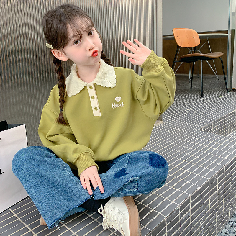 1487# Huamian Girls' Sweatshirt, Spring and Autumn Style, Stylish and Chic, Children's Autumn Clothing, Little Girl's Autumn Polo Shirt, Student
