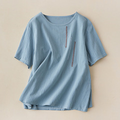 文芸復古半袖女性刺繍綿麻丸襟夏の新型ゆるい大きいサイズのtシャツのジャケットの女性