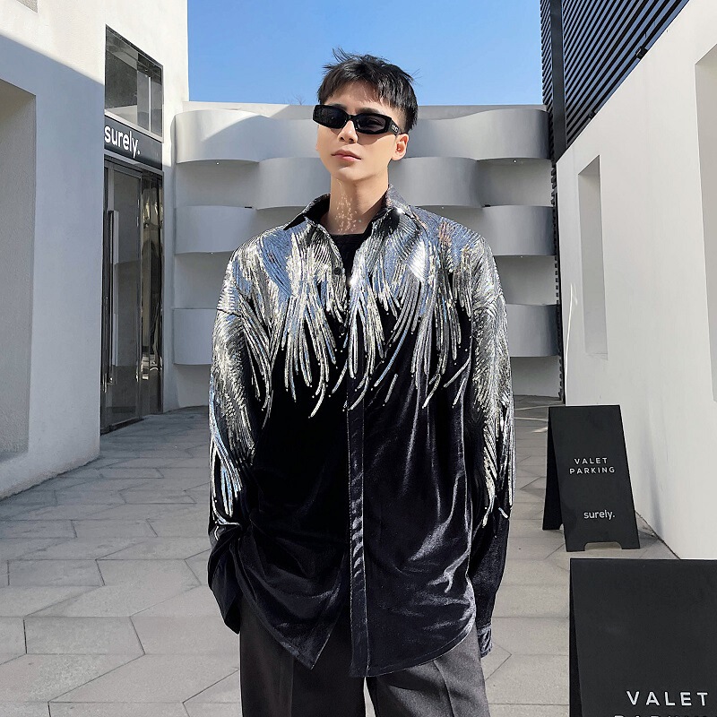 Tide Cool Fried Street Heavy Craft Embroidered Shirt 2021 Stylist Sequin Wings Stitching Velvet Shirt Spring Long Sleeve