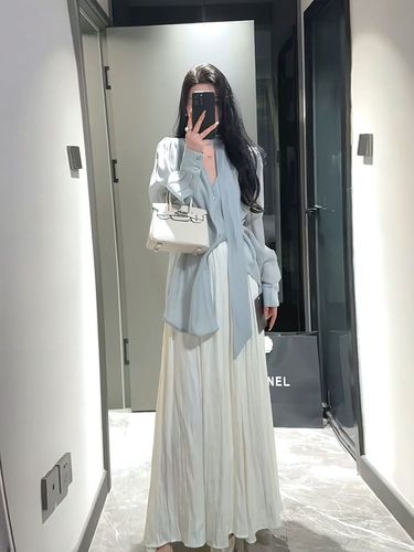 Loose and Lazy Style V-neck Bow Tie Button Loose Multi-purpose Long-sleeved Shirt Small Group Design Sense Shirt Half Skirt ins 