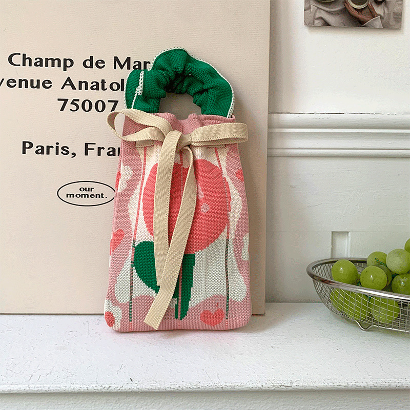 Bolsa de punto, oreja de madera, diseño de nicho, bolso con cordón de dibujos animados, bolso de mensajero portátil de todo fósforo, bolso de teléfono móvil