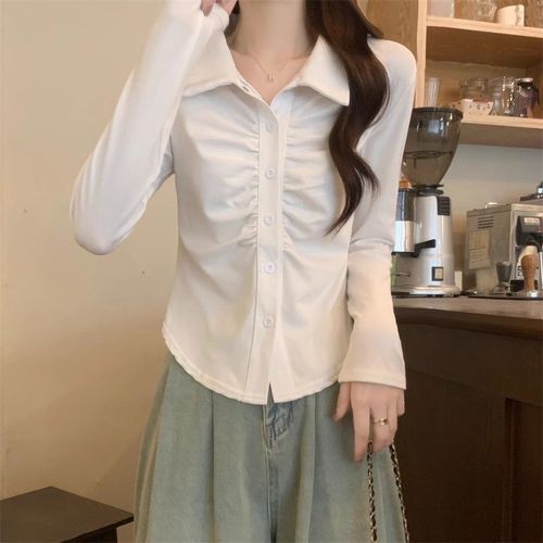Pure Desire Windy Sensual Pleated 2025 Unique Design Slimming Versatile Waist-Tightening Long-Sleeve Women's Shirt Top