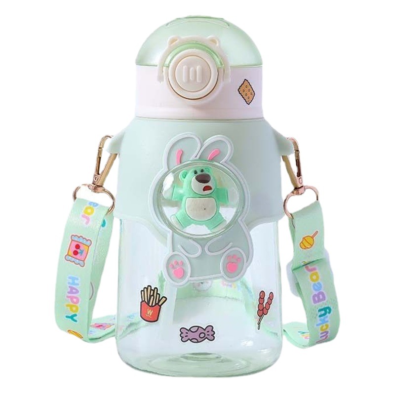 Vaso de agua de plástico para niños, botella de agua con correa de dibujos animados para estudiantes de primaria, vaso con pajita, vaso de oso fresa, vaso de agua para niños