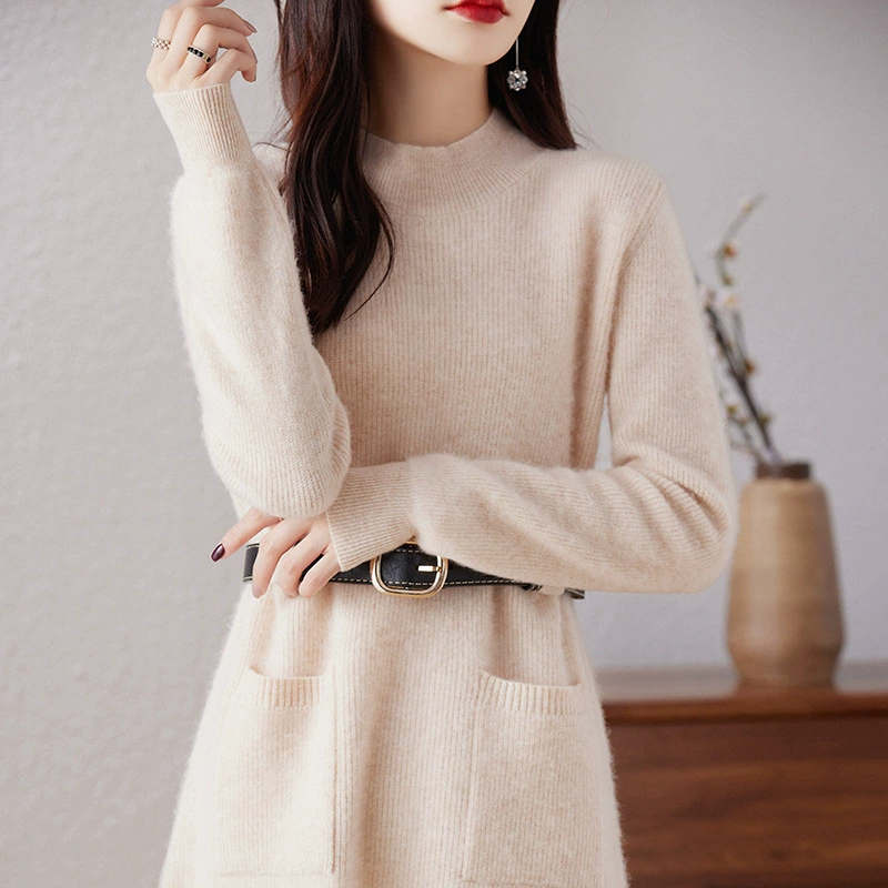 Осенне-Зимний новый круглый вырез сплошной цвет средней длины свободный свитер для похудения вязаная Нижняя юбка с двойным карманом шерстяное платье женское