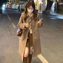 牛角扣加厚大衣2022秋冬季新款百搭大领子中长款小个子毛呢外套女