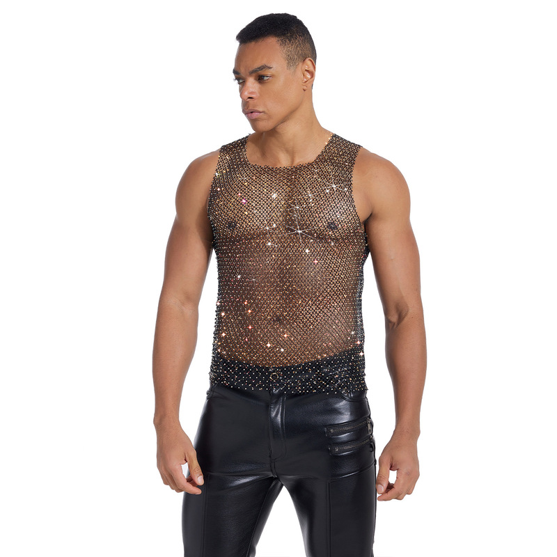Amazon European and American Party Men's Mesh See-Through Top with Rhinestones, Sexy Rhinestone Fishnet Cover-Up for Nightclub Wear