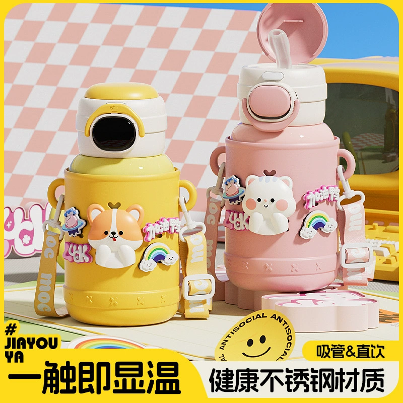 Детский термос для мальчиков и девочек 2025, новый школьный стакан с милым ремешком и трубочкой, термокружка H