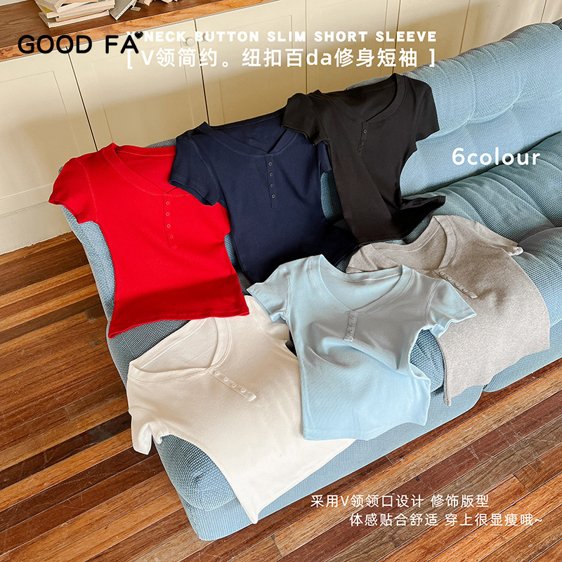 GOOD FA 2025 Spring and Summer Solid Color Henry Collar Simple Button Slim Short Sleeve 25217