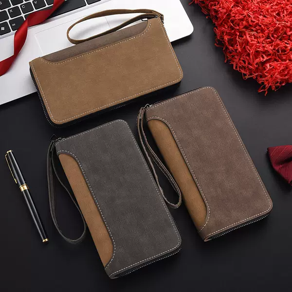 Men's long wallet with a quality feel, multifunctional clutch bag, large capacity, personalized zipper coin purse, men's phone bag