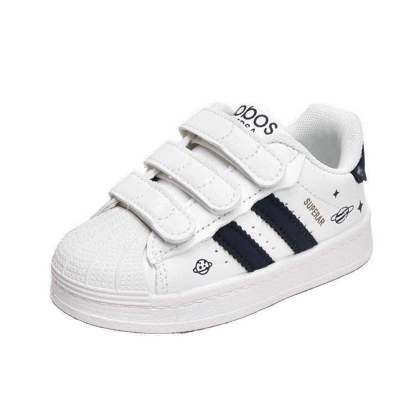 2025 primavera y otoño nuevo estilo para niños cabeza de concha zapatos casuales niñas cuatro estaciones zapatos blancos zapatos deportivos con velcro para niños