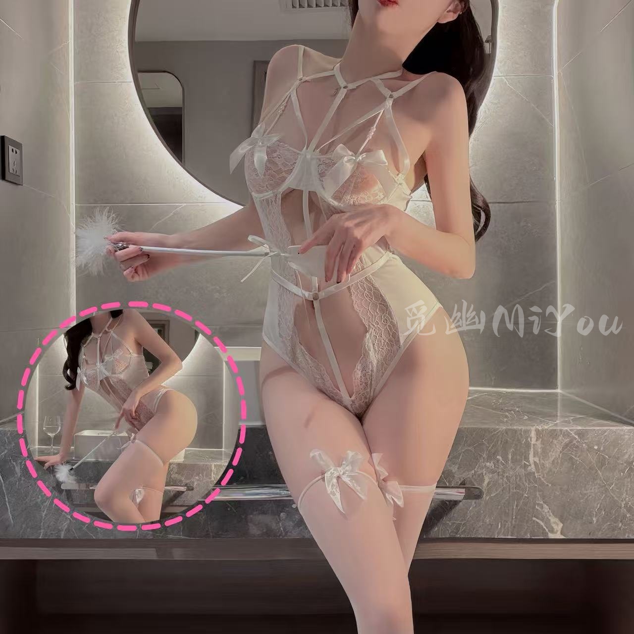 Miyou sutien de lenjerie sexy din dantelă sexy uniformă dintr-o singură dorință set de tentație gratuit cu curele Y8096