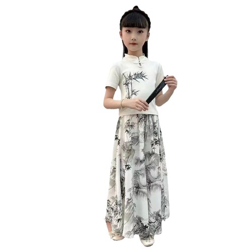 Girls '2026 new summer suit, middle-aged children's summer dress, national style, foreign style, Chinese style, short-sleeved two-piece set, trendy style