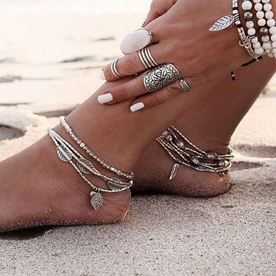 欧美wish 波西米亚风叶子鱼多层手脚链 海星符文om瑜伽手脚饰