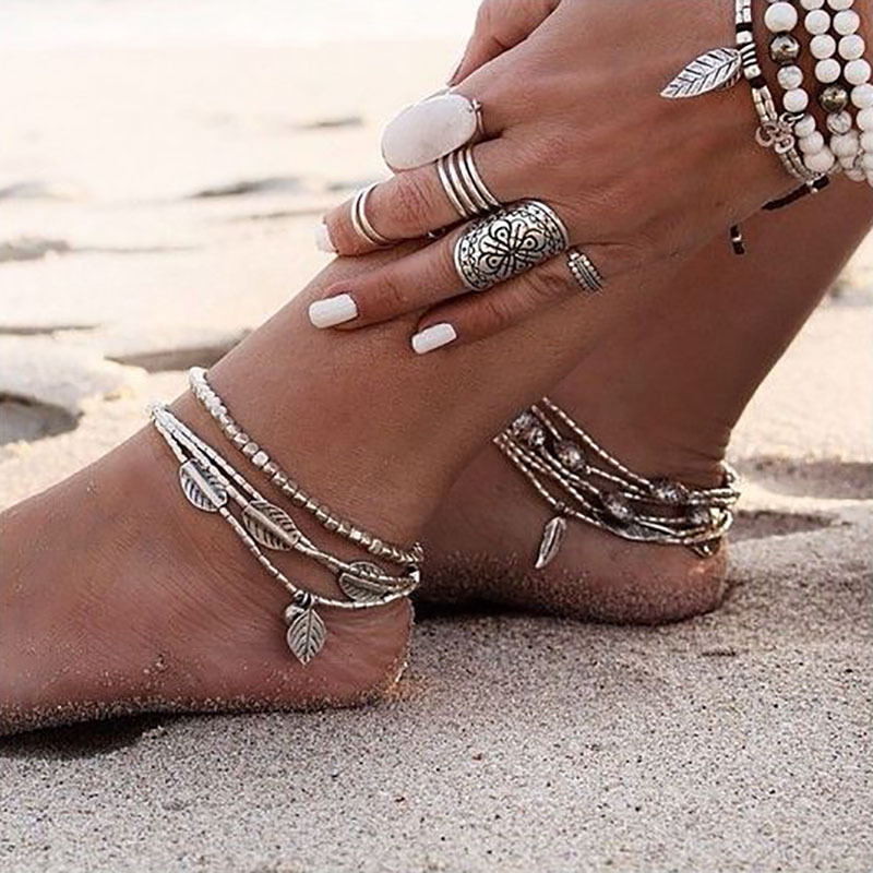 欧美wish 波西米亚风叶子鱼多层手脚链 海星符文om瑜伽手脚饰