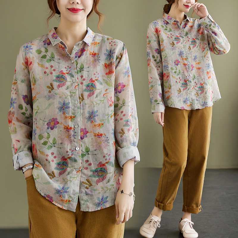 实拍现货2021秋款亚麻印花衬衫女田园风花朵复古宽松棉麻长袖上衣