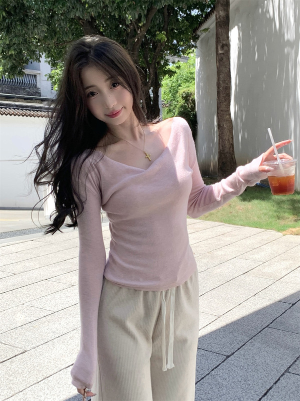 纯欲风荡领一字肩上衣女秋冬内搭长袖针织衫高级感杏色修身打底衫|undefined