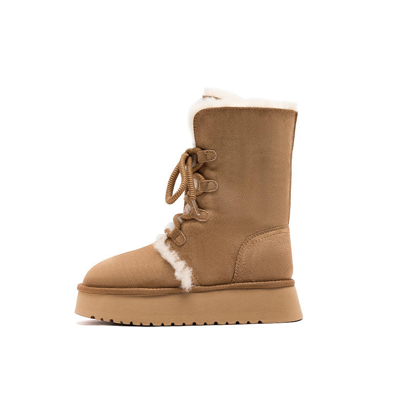 オーガシデン スノーブーツ レディース 2025年冬新作 裏起毛 厚底 レースアップ ショートブーツ 折り返し履き 厚底コットンシューズ