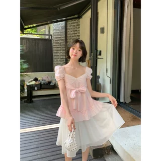 蝴蝶结绑带木耳边衬衫女夏季新款超好看的下摆甜美上衣