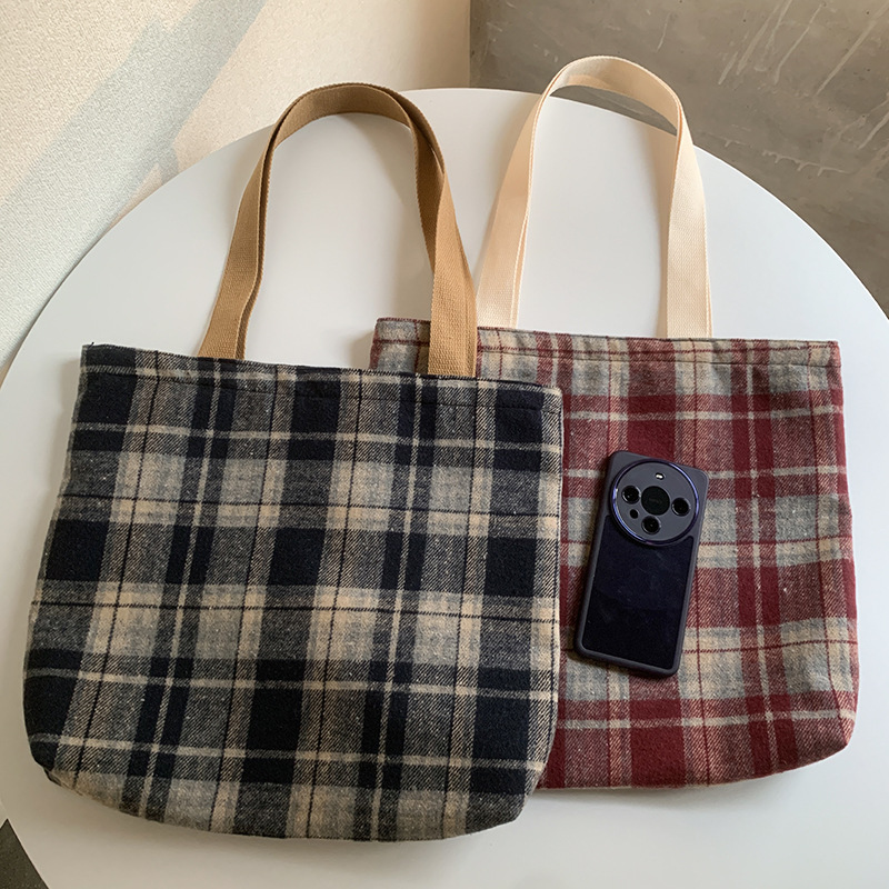 Retro color mezclado tejido lana Plaid hombro bolsa diaria versátil gran capacidad Plaid bolsa bolso de mano de las mujeres