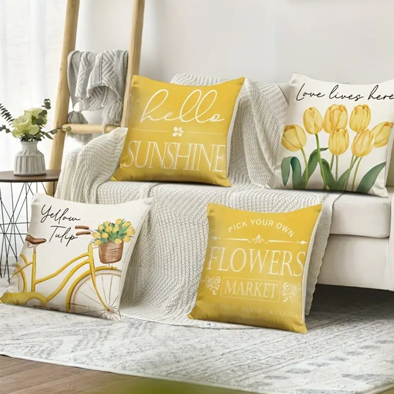 Cross-border Hot Selling Yellow Bicycle Tulip Pattern Pillow Case Living Room Bedroom Sofa Decorative Pillow Case_voghion.com