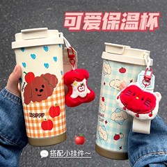 かわいいポータブルセラミックライナーコーヒーカップ、外出用魔法瓶カップ、ストロー、女の子向けの見栄えの良いポータブルウォーターカップ