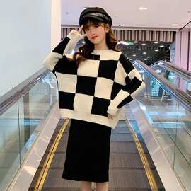 女童秋冬季新款时髦棋盘格毛衣套装裙中大童女孩网红洋气两件套