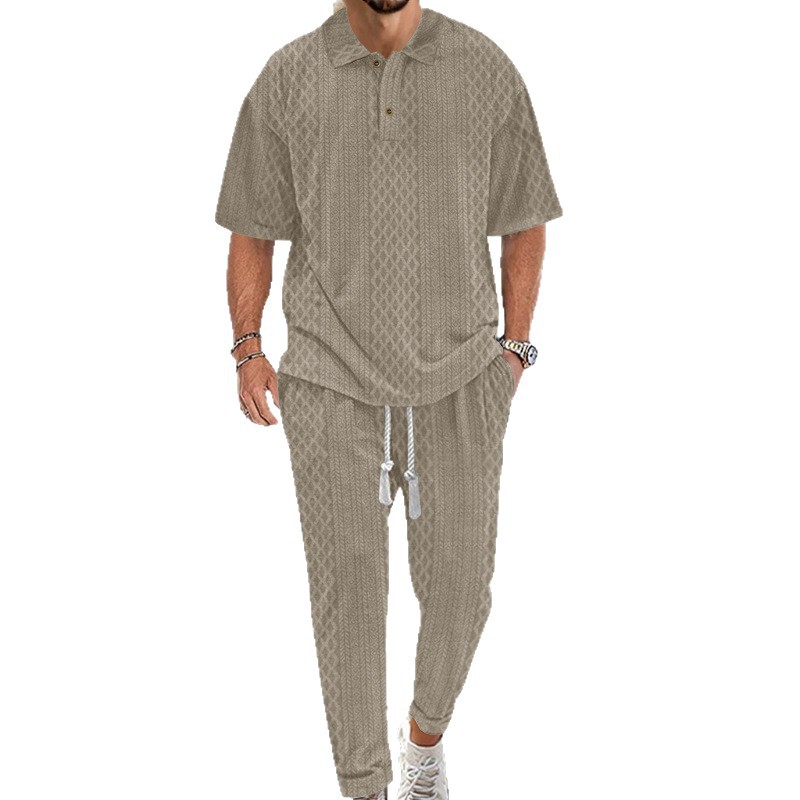 Conjunto de ropa de hombre transfronterizo de verano europeo y americano de color sólido cuello redondo de manga corta deportiva de comercio exterior camiseta de pantalones largos de dos piezas para hombres