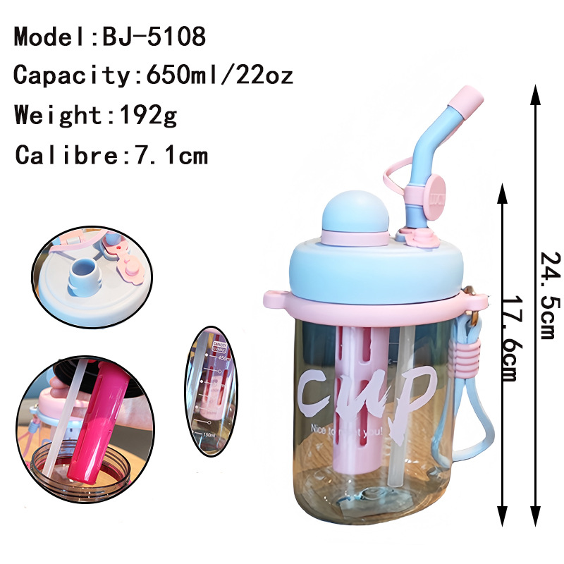 Verano portátil doble bebida paja taza de agua de plástico estudiantes de moda coreana con taza de té con fuga de flores