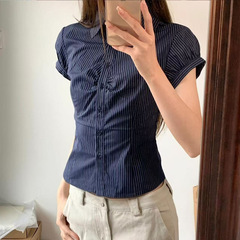 大码胖妹妹美式辣妹藏蓝色条纹正肩衬衫女夏季设计感修身收腰衬衣
