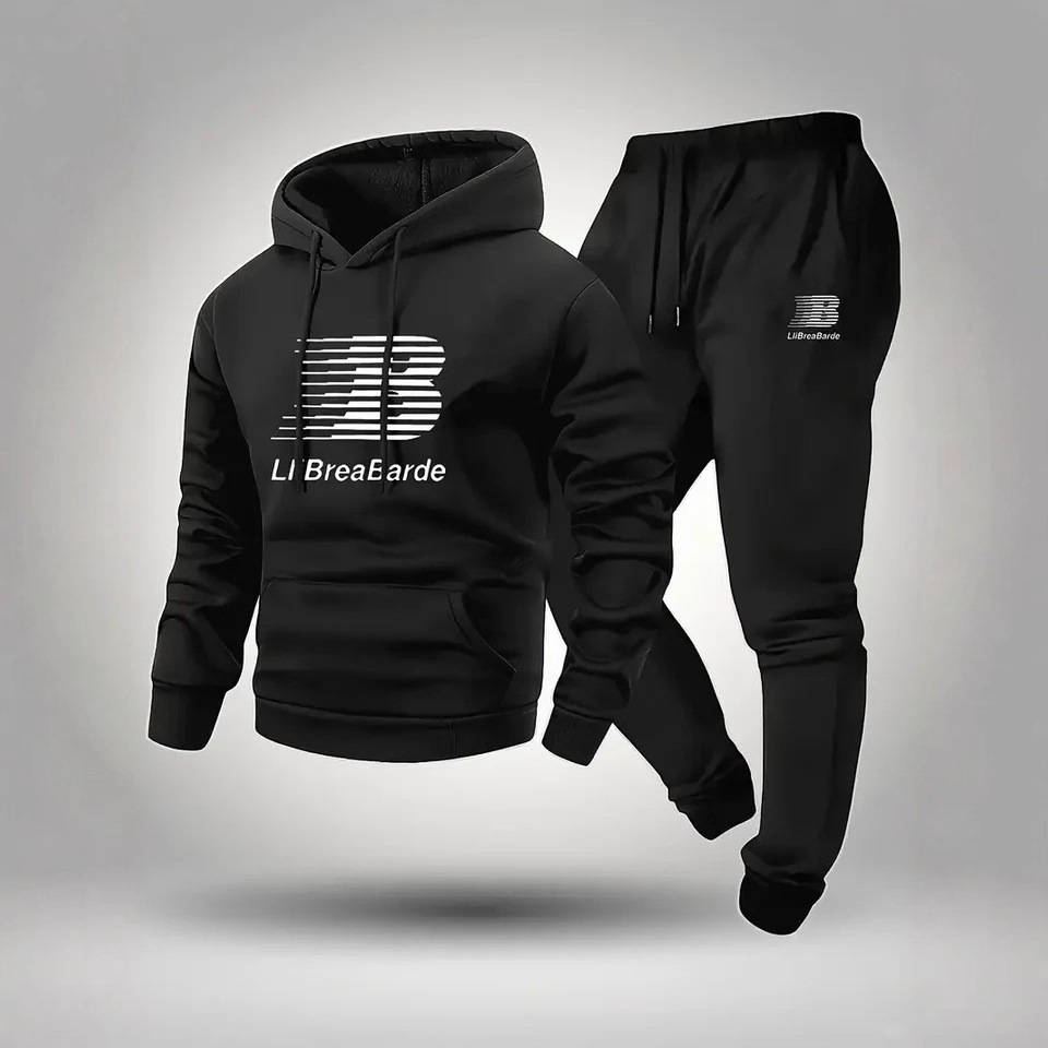 Men's Letter Print Casual Hooded Tracksuit with Polyester Long Sleeve Pullover and Drawstring Running Pants