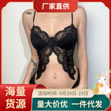 2023暗黑风欧美性感情趣黑色蕾丝辣妹V领女内衣吊带小背心批发