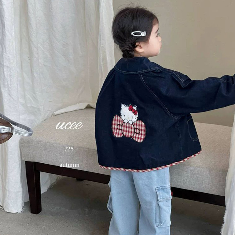 Girls Kt Cat Embroidered Denim Jacket Autumn and Winter New Baby Girl Red Plaid Splicing Long-Sleeved Cardigan Lapel Top