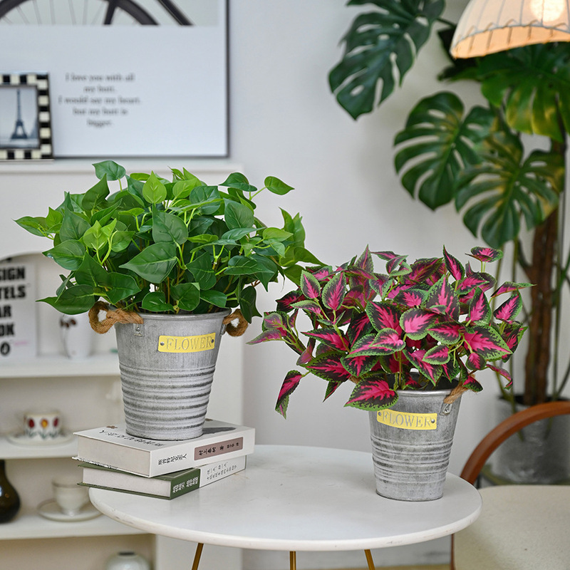 Artificial Green Radish with Seven Large Chicken Heart Leaves, New Red and Purple Perilla Bunch for Indoor and Outdoor Gardening, Hotel Plant Wall Decoration Flowers