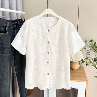Plus Size Women's 2025 New Summer Fashion Right Shoulder Lace Short-Sleeved Shirt 100kg Fat mm Elegant Top 7105