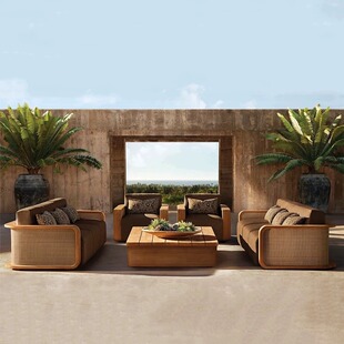 Outdoor Teak Sofa Courtyard Villa Hotel Garden Nordic Terrace Waterproof Sun Protection Solid Wood Sofa Coffee Table Combination