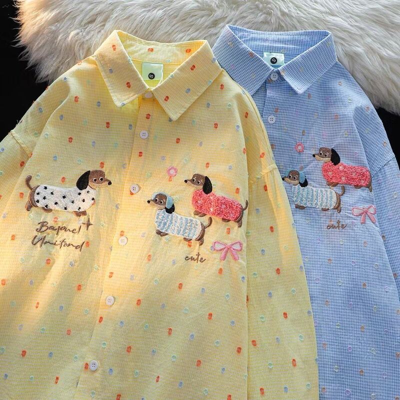 Japanese-Style Dog Embroidery Long-Sleeve Shirt for Women, New Sweet Thin Shirt for Spring and Autumn, Summer Sun-Protective Jacket Top