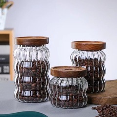New Style Sealed Jar Transparent Glass Ripple Threaded Acacia Wood Lid Storage Jar Storage Bottle Coffee Beans Grains Spices 