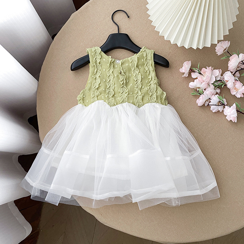 Vestido de chaleco de verano para mujer, vestido de gasa de princesa, dulce, cómodo y hermoso, vestido de gasa verde de hombros anchos de moda