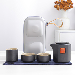 Black pottery Japanese style Express Cup one pot three cups portable travel car tea set suit outdoor tea making Office Home