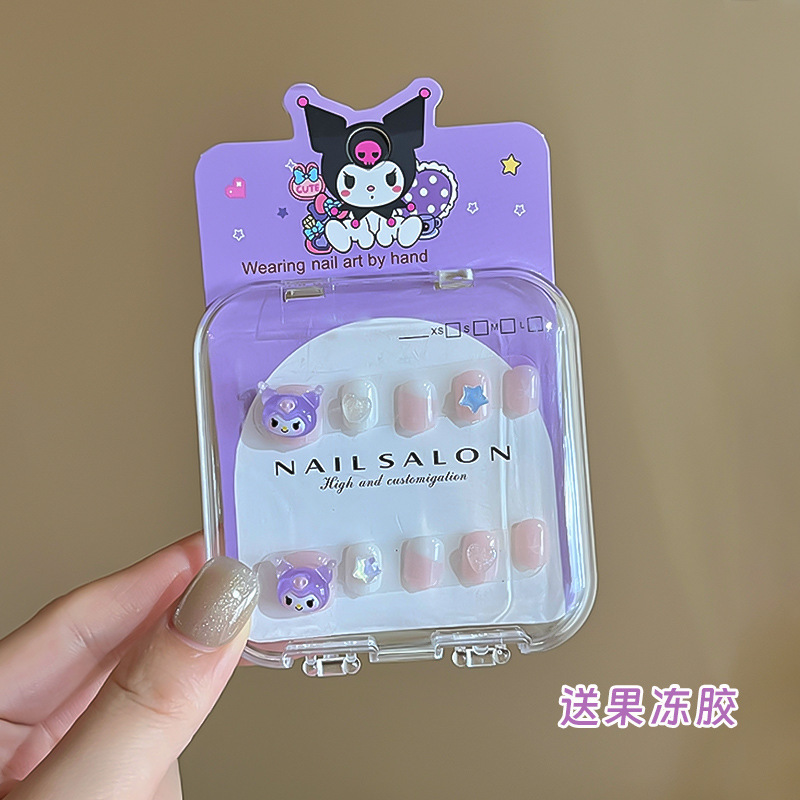 Niños usan piezas de manicura cortas autoadhesivas de alta sensación de mini color gelatina de dibujos animados chicas manijas falsas