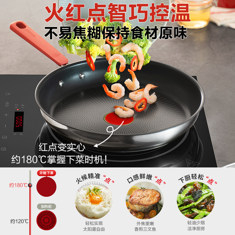 苏.泊尔平底锅不粘锅煎锅不锈钢家用牛排煎锅火红点聚油煎炒锅通