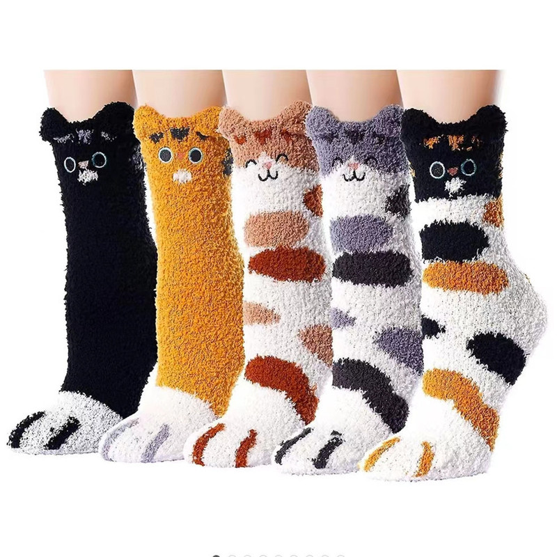 Slippers Socks Women's Home Coral Fleece Socks Cute Cat Socks Sleeping Socks Plush Christmas Socks Women's Motive Fluffy Socks